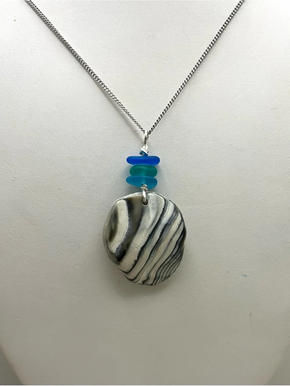 Wampum Shell Pendant Necklace Silver Tone Sea Glass Blue Green Coastal Beach